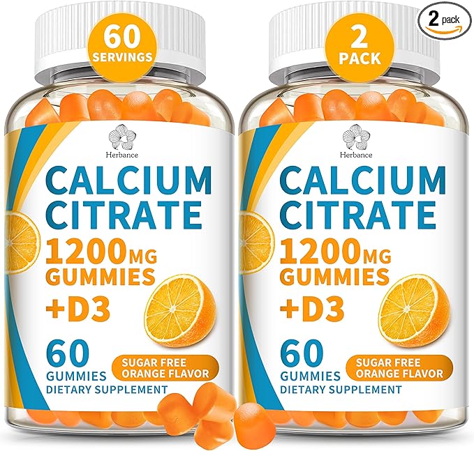 (2 Pack) Calcium Citrate 1200 mg Gummies with Vitamin D3, High Absorption Calcium Supplements for Women & Men, Sugar Free, Non-GMO, Gluten Free, Supports Muscle & Immune - Orange Flavor