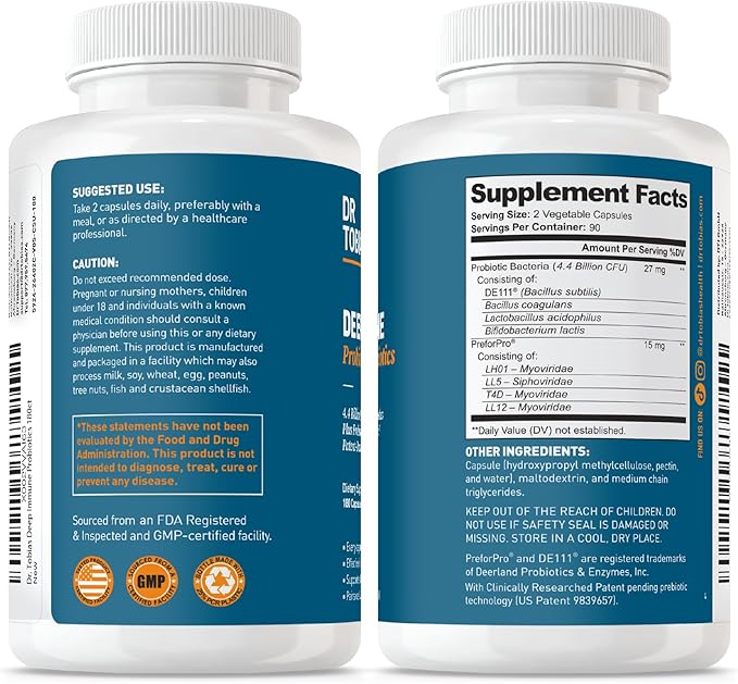 Dr. Tobias Deep Immune Probiotics & Prebiotics - Dual Action Digestion & Immune Support with PreforPro Prebiotics & Spore Forming Probiotics for Women & Men - 180 Capsules (90 Servings)
