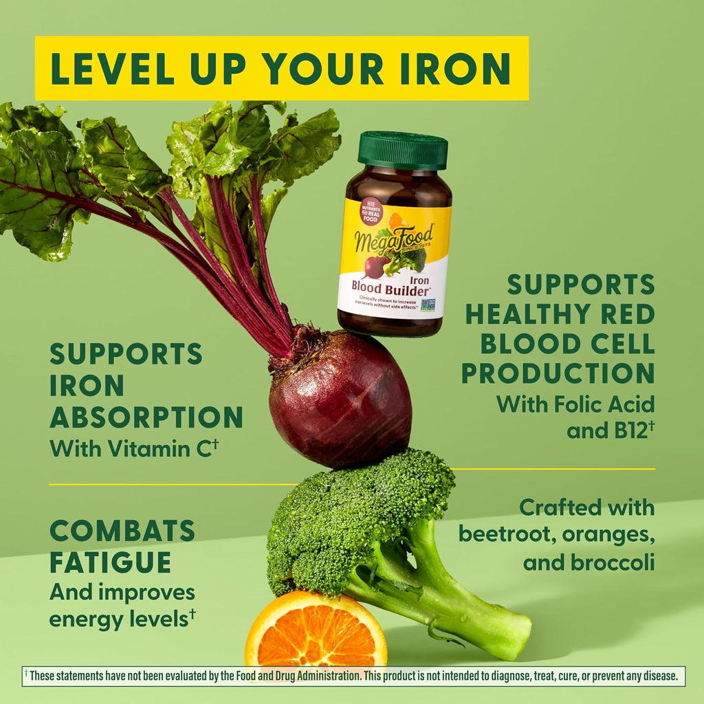 MegaFood Blood Builder Iron Supplement Clinically Shown to Increase Iron Levels Without Side Effects, Vegan Supplement For Women with Vitamin C, Vitamin B12 & Folic Acid, 180 Tablets