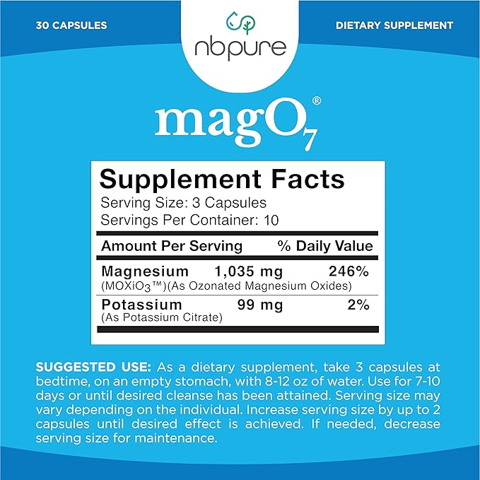 nbpure MagO7 - Natural Colon Cleanse & Detox - Occasional Constipation Relief, Stool Softening, & Bloating Support for Men & Women - Ozonated Magnesium Oxide, 30 Capsules