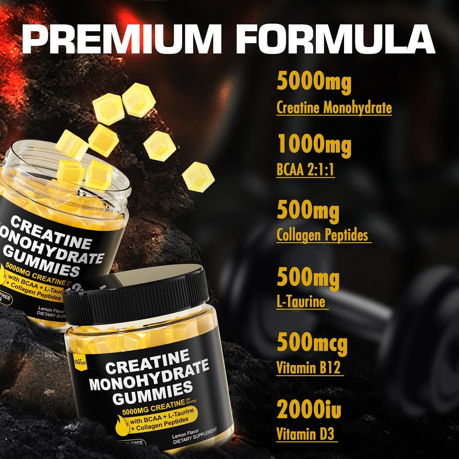 Creatine Monohydrate Gummies for Men & Women - with BCAA, Collagen Peptides, L-Taurine, Vitamin B12, D3, Creatine Monohydrate 5000mg (5g) Per Serving, Lemon Flavor, Sugar Free, 1 Pack