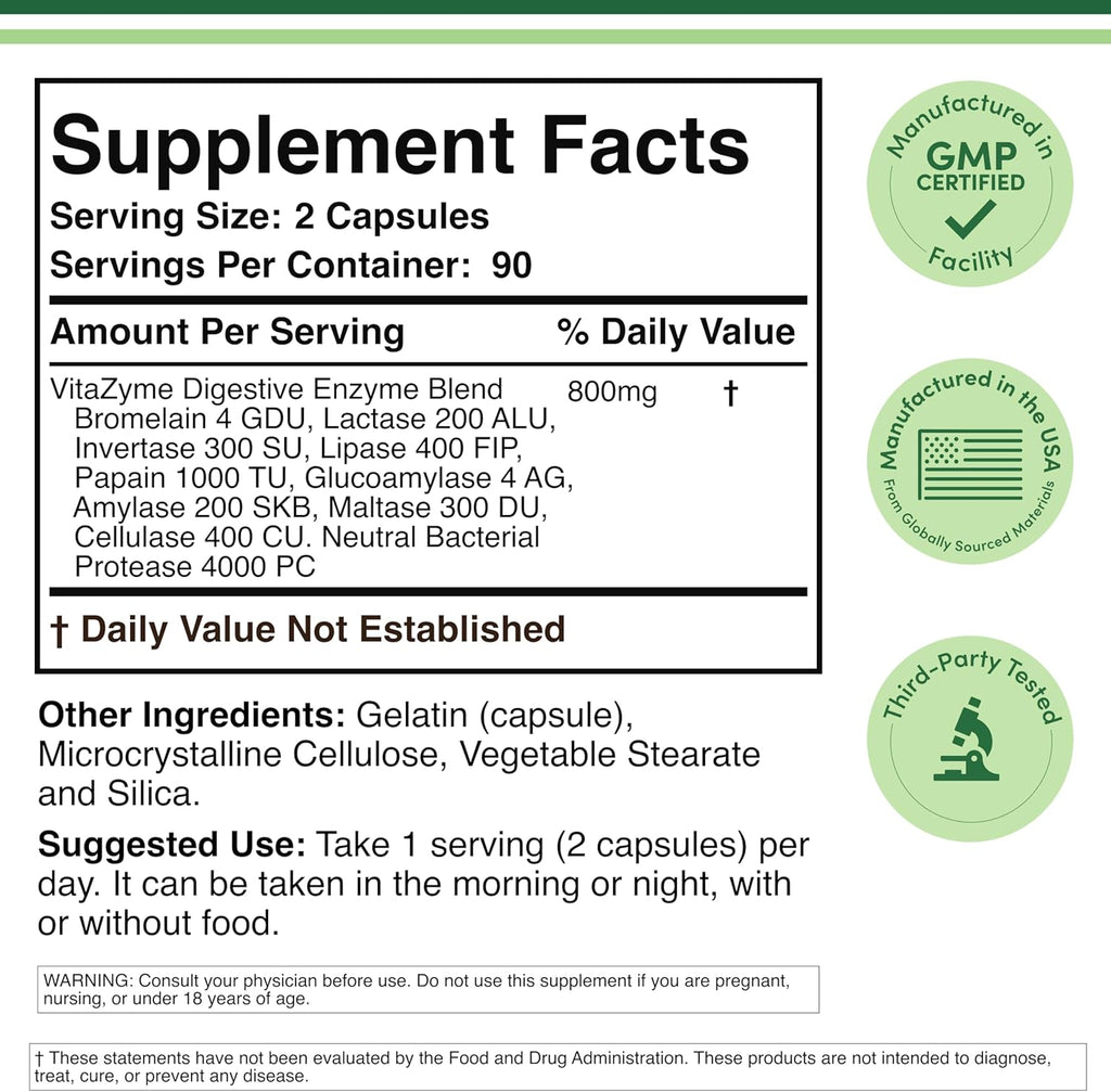 Digestive Enzymes - 800mg Blend of All 10 Most Essential Digestive and Pancreatic Enzymes (Amylase, Lipase, Bromelain, Lactase, Papain, Protease, Cellulase, Maltase, Invertase) by Double Wood