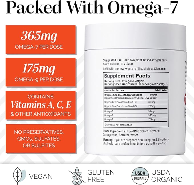 sibu Sea Buckthorn Omega-7 Softgels (30-Day Refill Sachet) – Supplement for Healthy Skin, Hair, Nails and Dryness