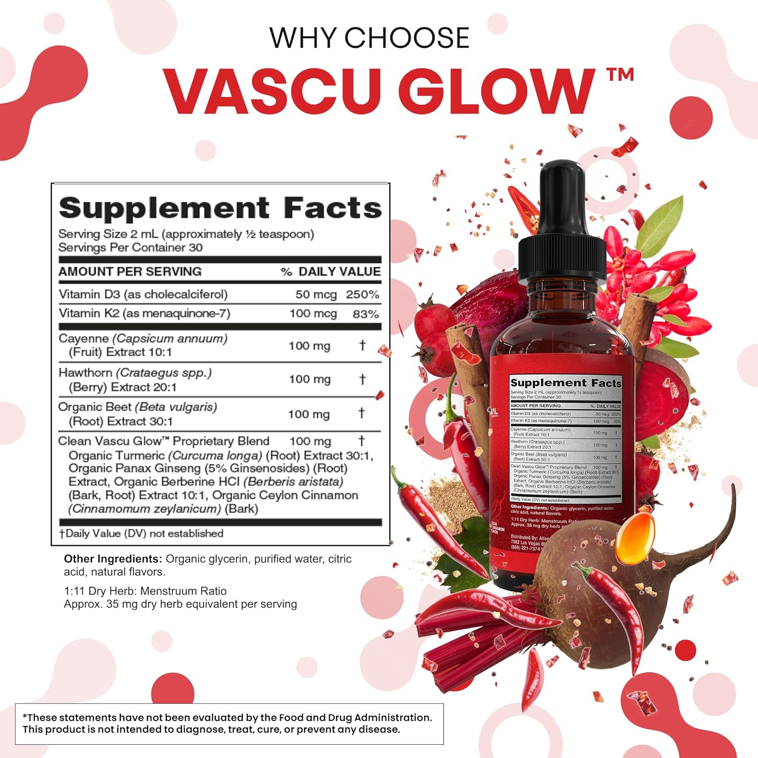 Clean Nutra Cayenne Pepper Drops Supplement Liquid + Hawthorn Berry, Vitamin D3 K2 Beet Root Powder, Ceylon Cinnamon, Turmeric Curcumin, Organic Panax Ginseng, Berberine Extract 1 Pack