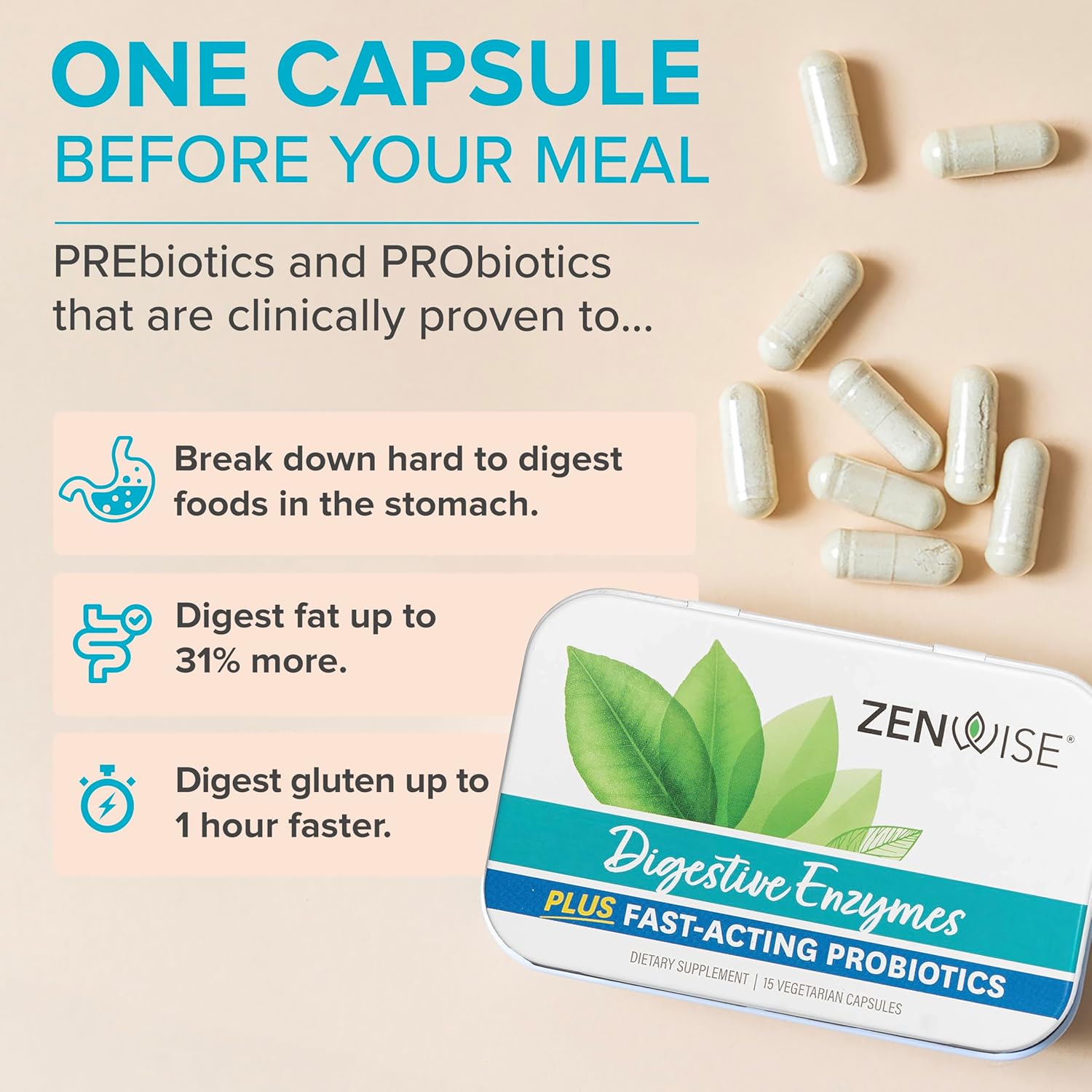 Zenwise Health Digestive Enzymes and Bromelain for Gut Health - Probiotic Multi Enzymes with Prebiotics and Probiotics for Women and Men for Digestive Health and Bloating Relief for Digestion -15 CT