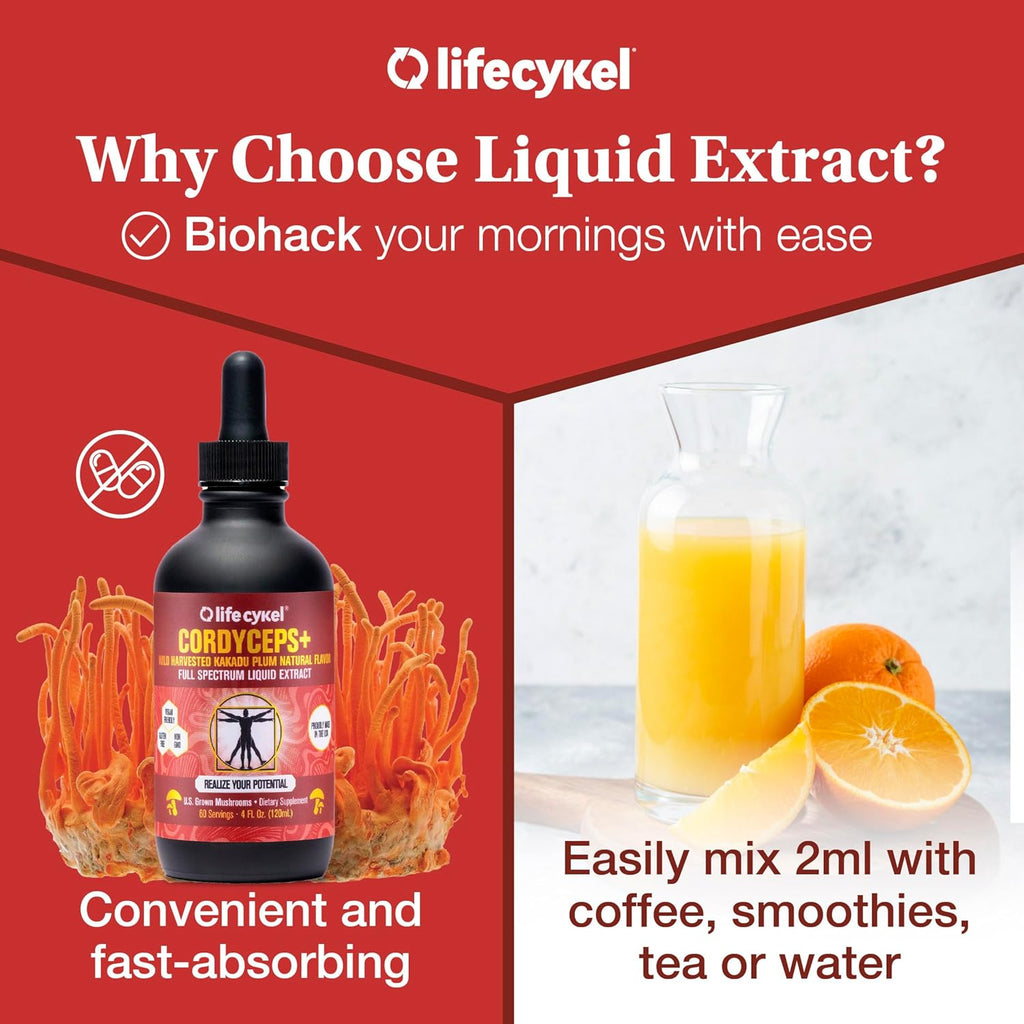 Lifecykel Cordyceps Mushroom Extract with Kakadu Plum - Energy, Stamina & Vitality Support, Natural Aging Supplement - Non-GMO and Vegan Tincture - 1Fl Oz