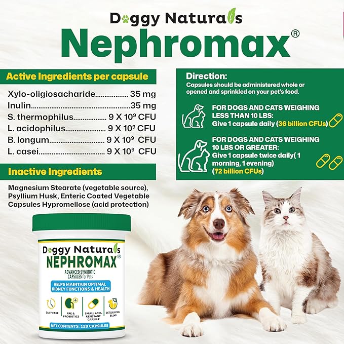 NEPHROMAX™ Synbiotic Capsules Dogs Cats (240 Caps)- Kidney Support Supplement for Cats & Dogs, Probiotics & Prebiotics for Digestive Health, Small & Easy-to-Swallow Capsules Made in The USA