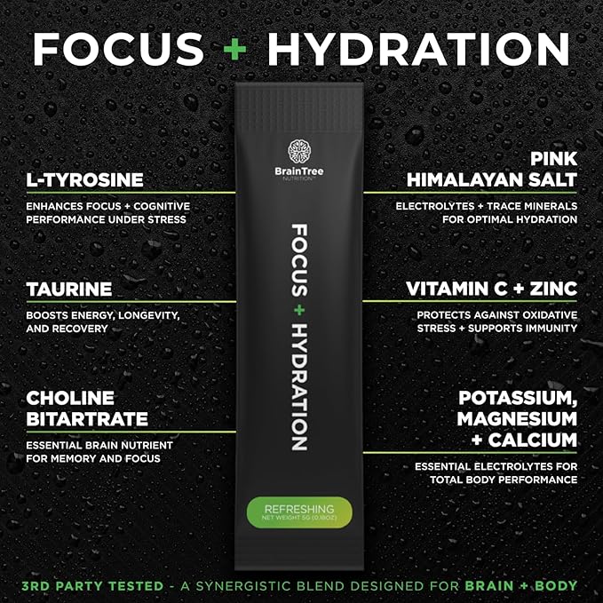 BrainTree Nutrition - Focus + Hydration - Electrolyte Drink Mix - Total Body Hydration - Supports Cognitive Function, Energy & Muscle Recovery - Sugar Free - Refreshing - 30 Stick Packs