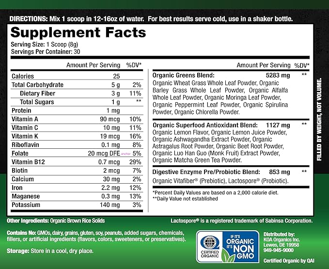 Greens Superfood Juice Powder - USDA Organic Super Greens Powder with with Spirulina, Chlorella, Matcha, Wheat Grass, Digestive Enzymes & Probiotics - Lemon Flavor -30 ServQ