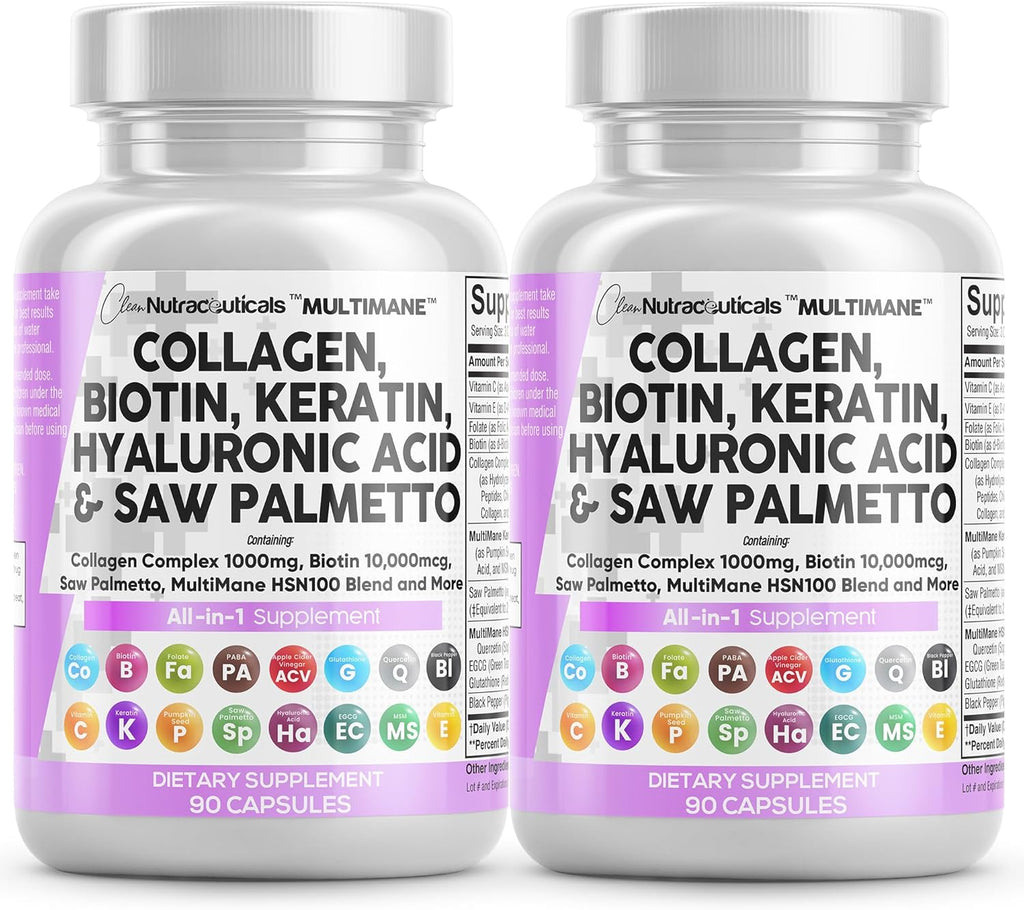 Clean Nutraceuticals Collagen Pills 1000mg Biotin 10000mcg Keratin Saw Palmetto Hyaluronic Acid - Hair Skin & Nails Vitamins & DHT Blocker (90 Count (Pack of 2))