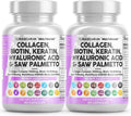 Clean Nutraceuticals Collagen Pills 1000mg Biotin 10000mcg Keratin Saw Palmetto Hyaluronic Acid - Hair Skin & Nails Vitamins & DHT Blocker (90 Count (Pack of 2))