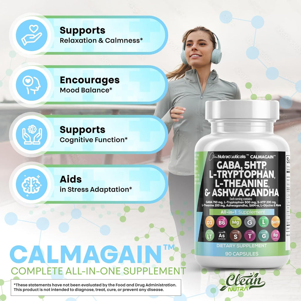 Clean Nutraceuticals GABA 750mg 5 HTP 200mg L Tryptophan 500mg L Theanine 200mg Ashwagandha SAM-e L-Glycine - Mood Support Vitamins for Women and Men with L-Tyrosine (90 Count (Pack of 5))