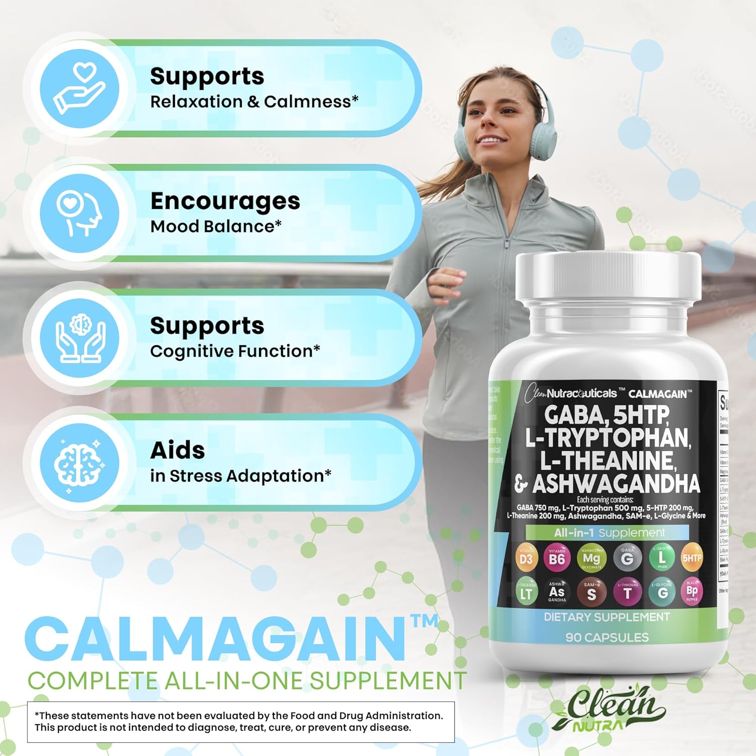 Clean Nutraceuticals GABA 750mg 5 HTP 200mg L Tryptophan 500mg L Theanine 200mg Ashwagandha SAM-e L-Glycine - Mood Support Vitamins for Women and Men with L-Tyrosine (90 Count (Pack of 2))