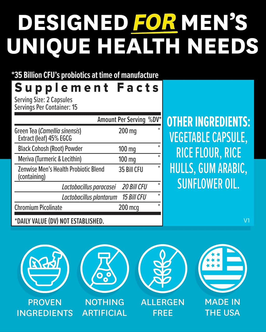 Zenwise Health Probiotics for Men - 35 Billion CFUs Daily Probiotic for Men's Digestive Health - Green Tea Extract, Meriva, and Chromium Picolinate for Microbiome Balance + Antioxidant Support - 30 CT