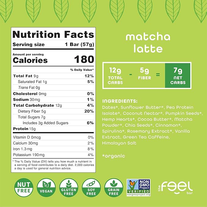 Feel Vegan Protein Bars, Energize, 65mg Caffeine, 15g Plant Protein, Organic Snack, Low Sugar, Low Carb, Gluten Free, Dairy, Nut, Grain, Soy Free, Matcha Latte, 10 Pack