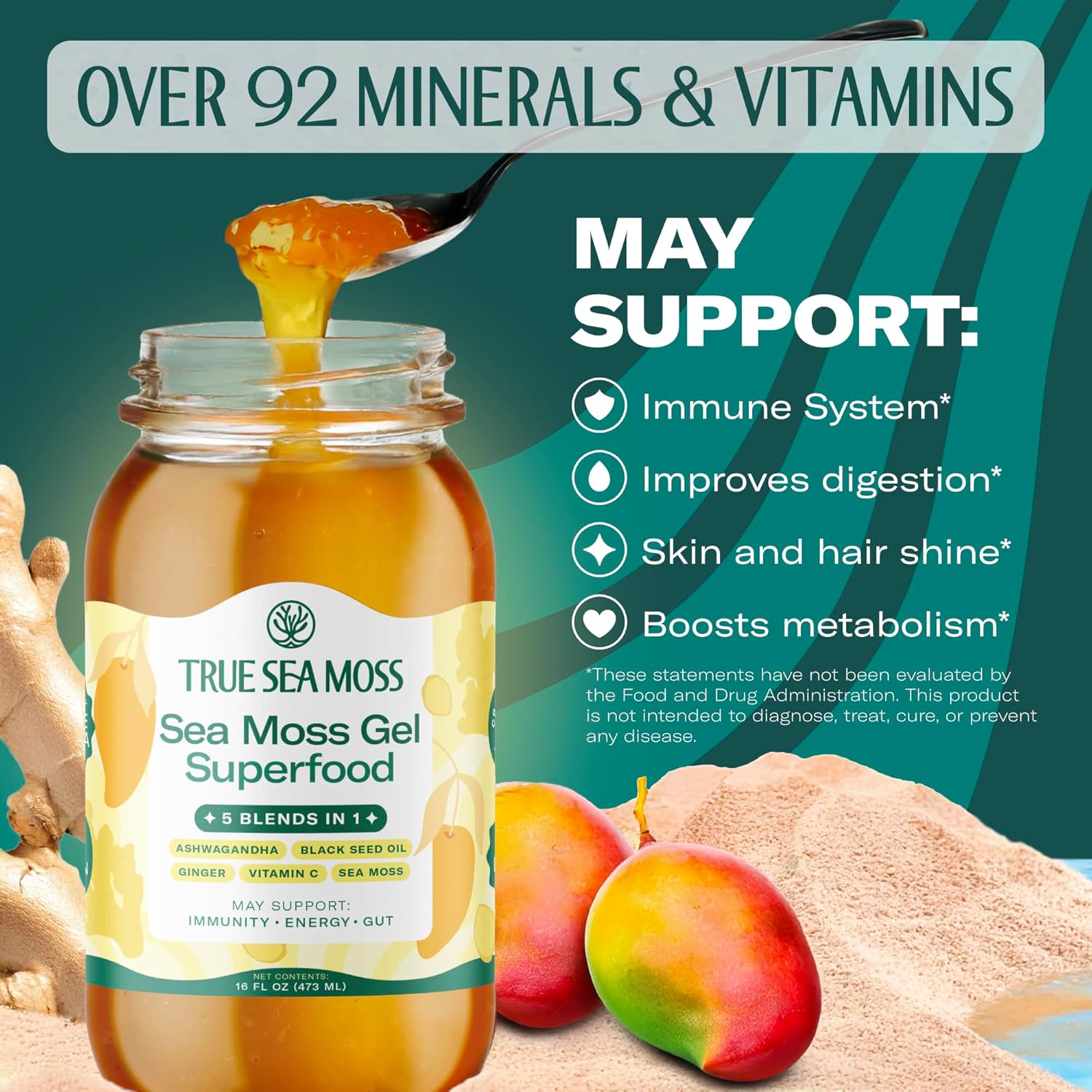 TrueSeaMoss Sea Moss Gel – Made in USA – 5-in-1 Formula – Wildcrafted Seamoss, Ashwagandha & Sea Vegetables – Ashwagandha, Pack of 1 (Labels May Vary)