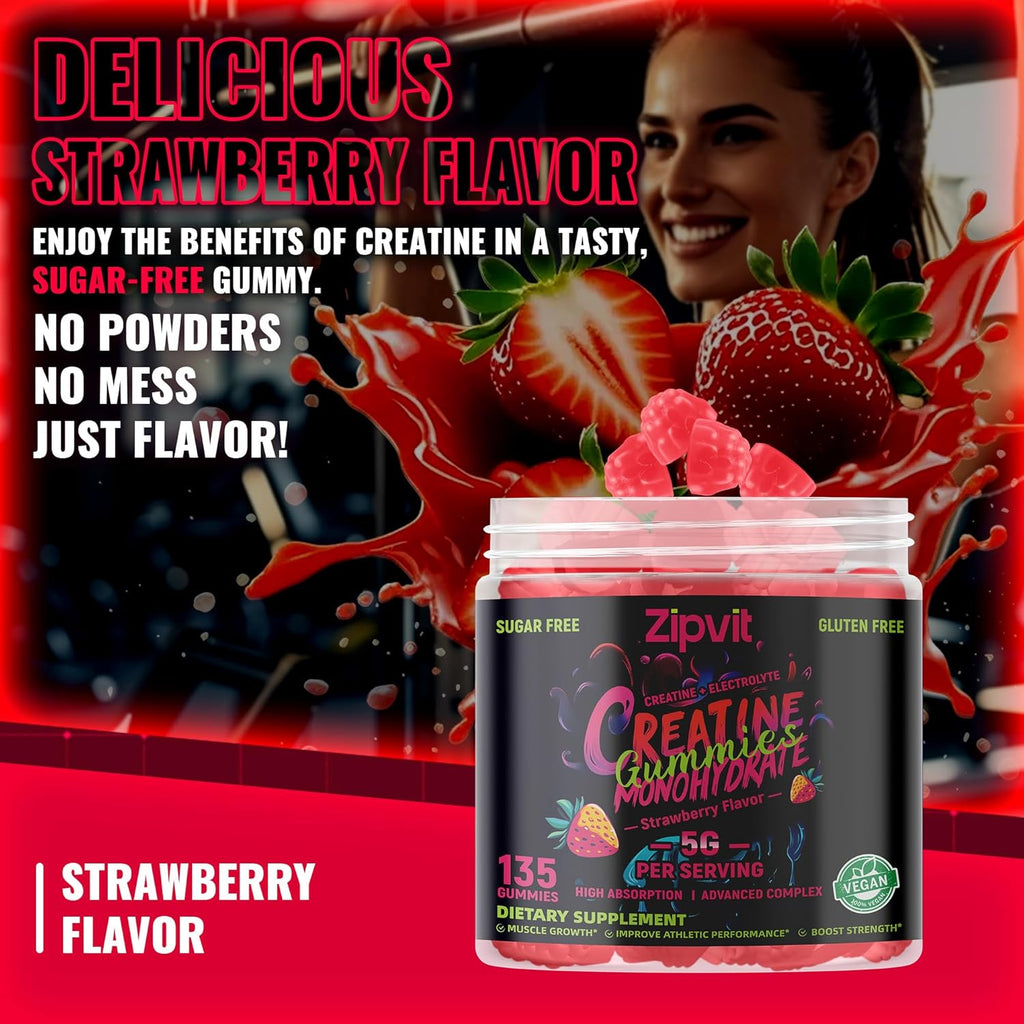 Zipvit Creatine Monohydrate Gummies (5g) – Pre-Workout Energy & Muscle Growth Support for Men & Women | Strawberry Electrolyte Gummies (135 Count)