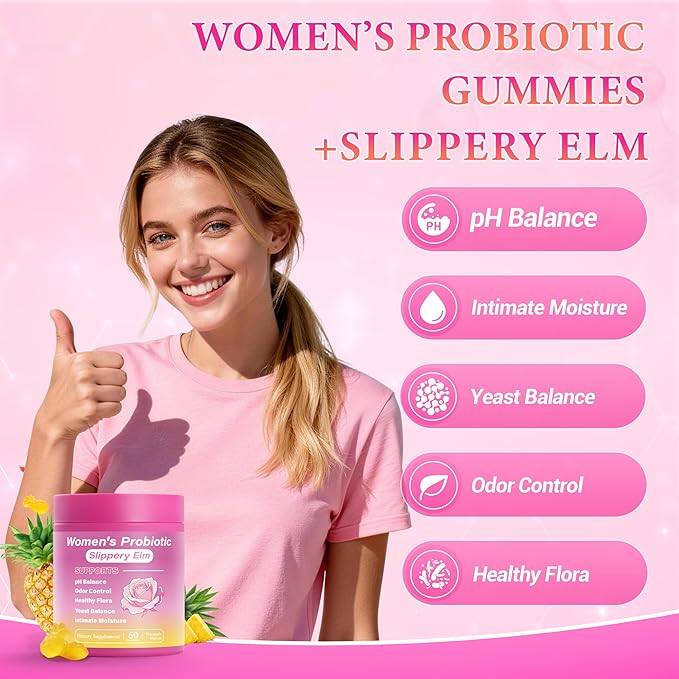 Her Juicy Feminine Probiotics Gummies for Women, Supports Natural pH Balance, Immune Health & Digestive Wellness with Slippery Elm - 60 Pineapple Gummies