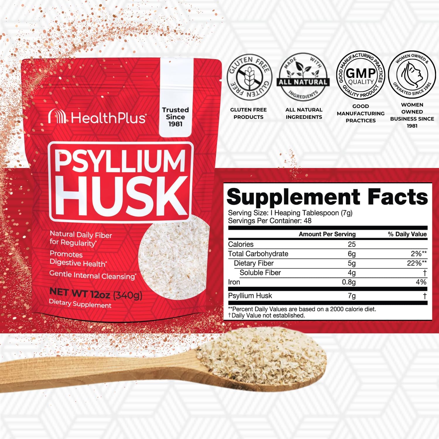Health Plus, Psyllium Husk, 12 oz, 48 Servings - Natural Detox, Daily Dietary Fiber Supplement, Constipation Relief, Gentle Gut Cleanse, Keto Baking