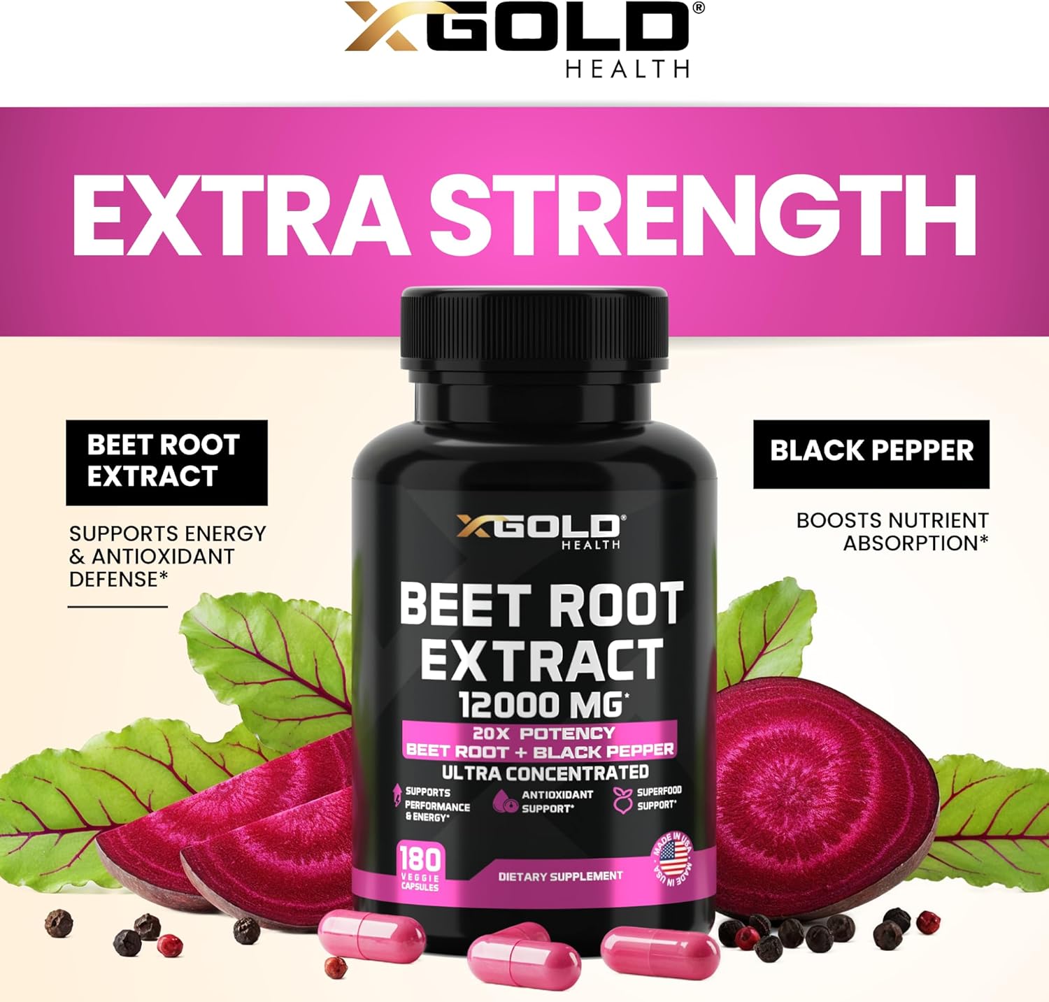Beet Root Extract Capsules - 12000mg 20x Concentrated Beet Root Capsules Supplement w/Black Pepper - High Nitrates - Natural Nitric Oxide Booster - Highly Concentrated & Bioavailable -180 Veggie Caps