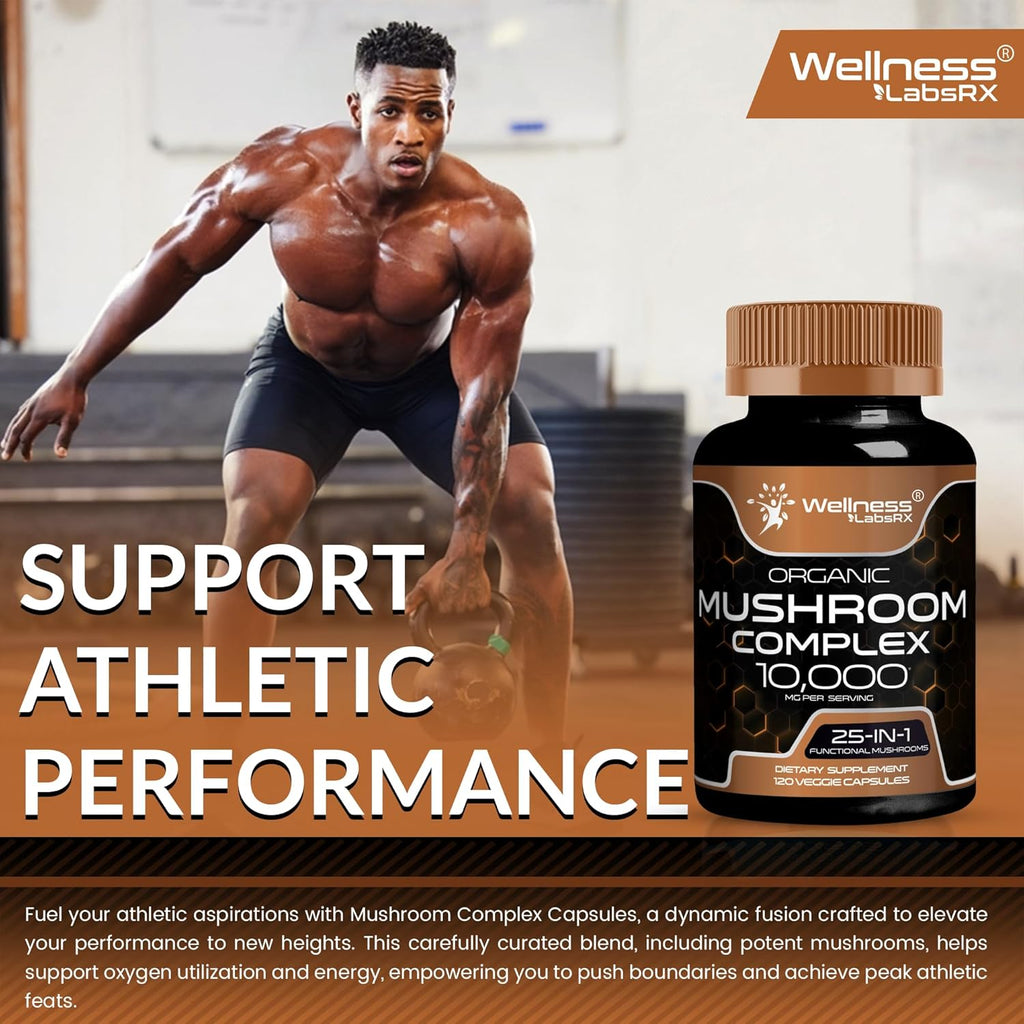 WELLNESS LABSRX Mushroom Supplement Capsules 10:1 Extract, Mushroom Complex Capsules 1000mg, Lions Mane Supplement with Turkey Tail, Cordyceps, Reishi - 2 Pack