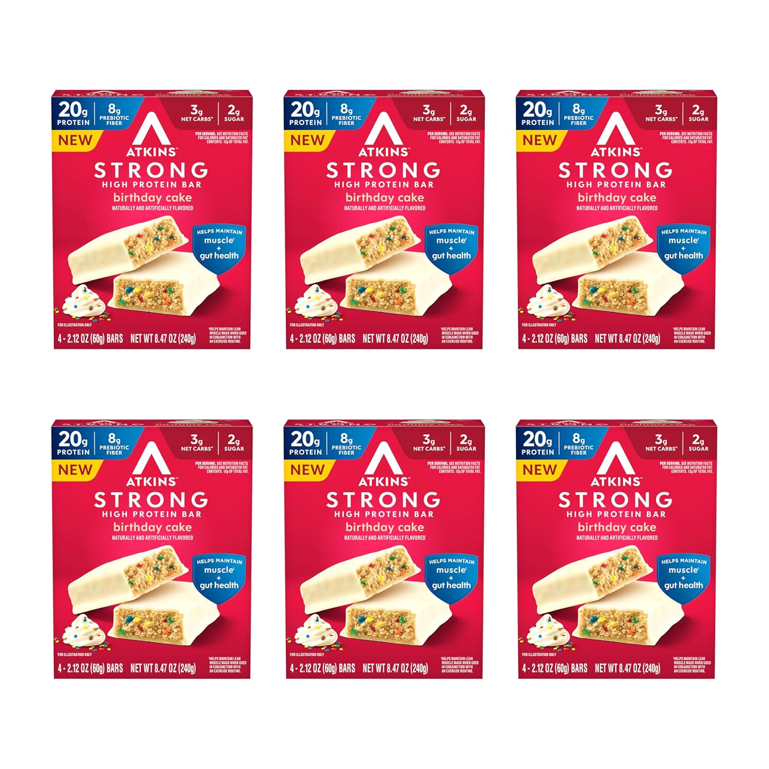Atkins Strong Birthday Cake High Protein Bars, 20g Protein, 2g Sugar, 4 Count (Pack of 6)