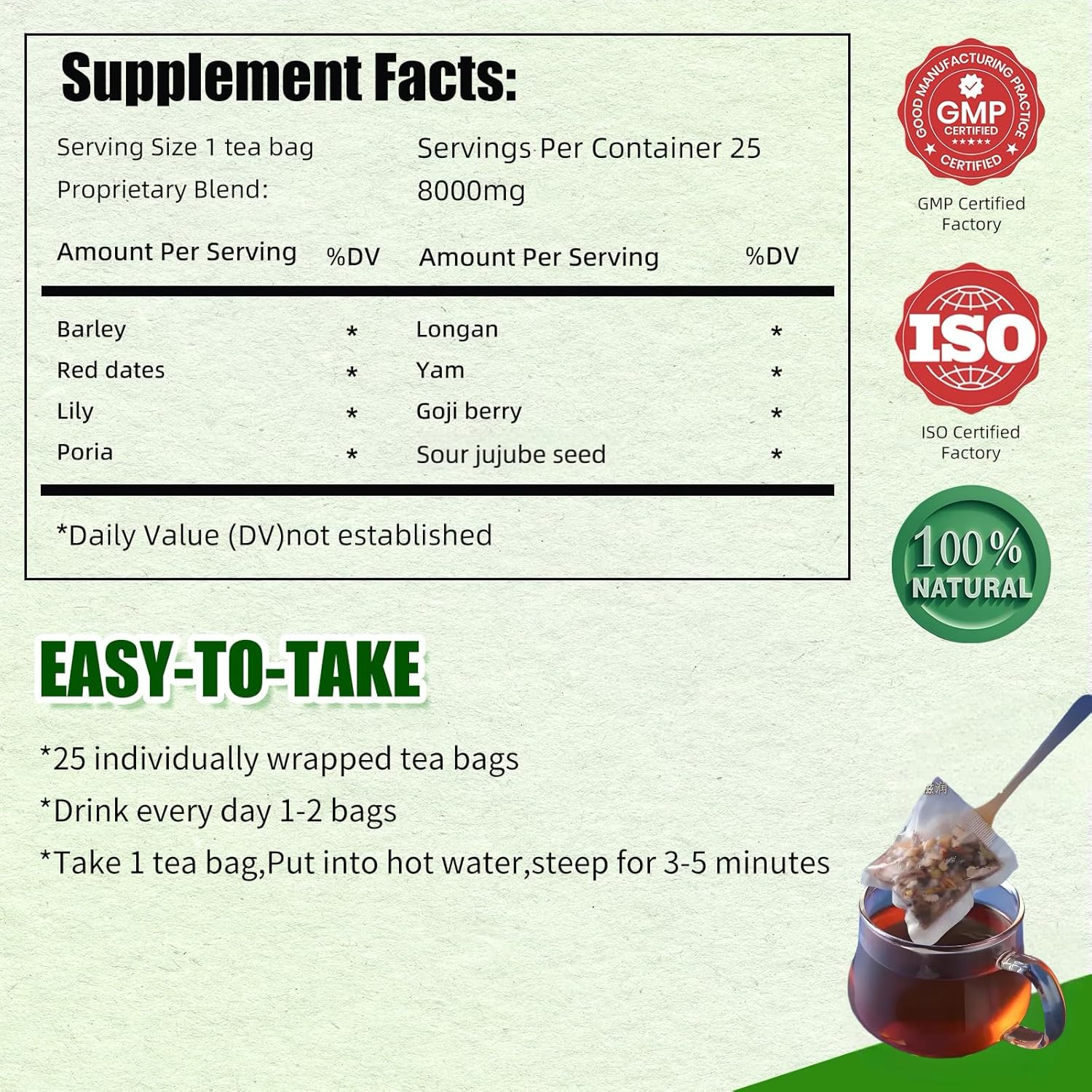 Eastrue Herbal Tea for Sleepytime-Caffeinated Barley Tea Blend 8 Natural Herbs with Jujube Dates,Goji berry, Promotes Healthy Digestion,Pressure Balance,Menopause,Organic,25 Tea Bags