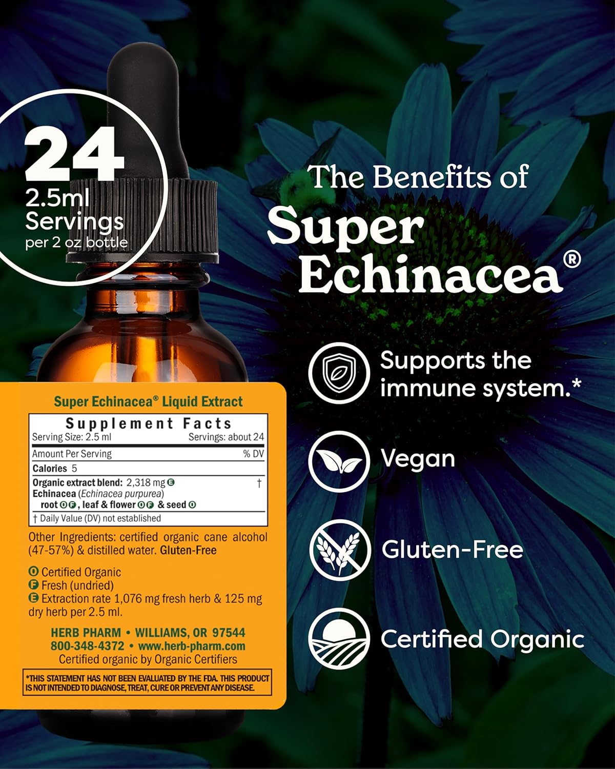 Herb Pharm Super Echinacea® Liquid Extract: USDA Organic Immune Support for Year-Round | Fast-Absorbing Echinacea Tincture, 4 Plant-Part Blend: Root, Leaf, Flower & Seed | Up to ~6 Week Supply, 2 oz*