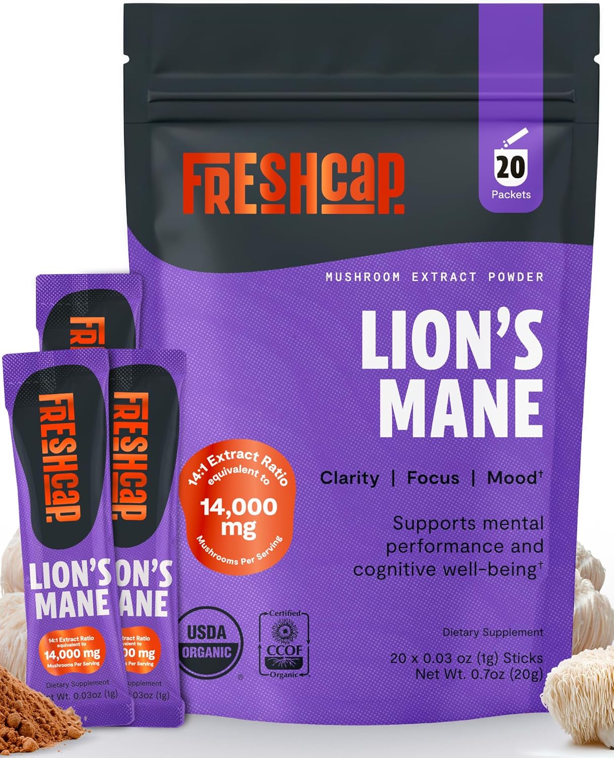 FreshCap Lions Mane Powder 14,000 mg - Lion's Mane Mushroom Powder, 31% Beta-Glucans Nootropic Lions Mane Extract High Potency 14:1 for Memory, Focus & Clarity - Brain & Cognitive Support (20 Sticks)