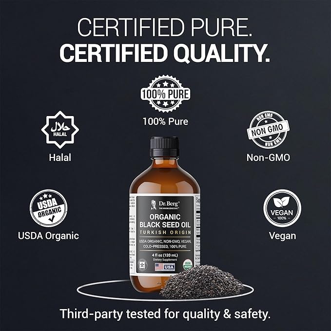 Dr. Berg Black Seed Oil Organic Cold Pressed – Pure Nigella Sativa Black Cumin Oil – USDA Organic, Halal, Vegan – for Hair, Skin, Immune Support – Unrefined Liquid – 4 oz Glass Bottle