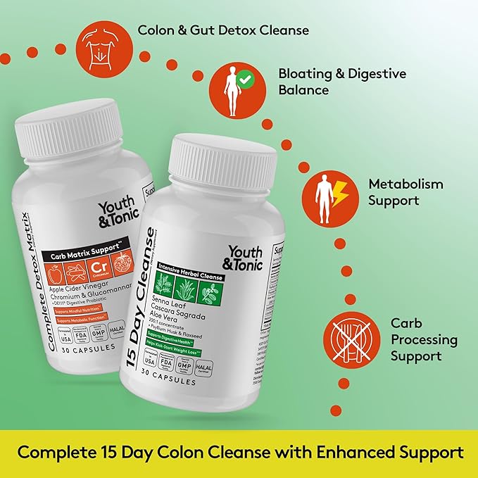 Youth & Tonic 15 Day Cleanse & Carb Matrix Support for Bloating & Metabolism, Intensive Herbal Colon Cleanser & Gut Detox for Digestive Reset with Senna, Glucomannan & Chromium, 60 Pills
