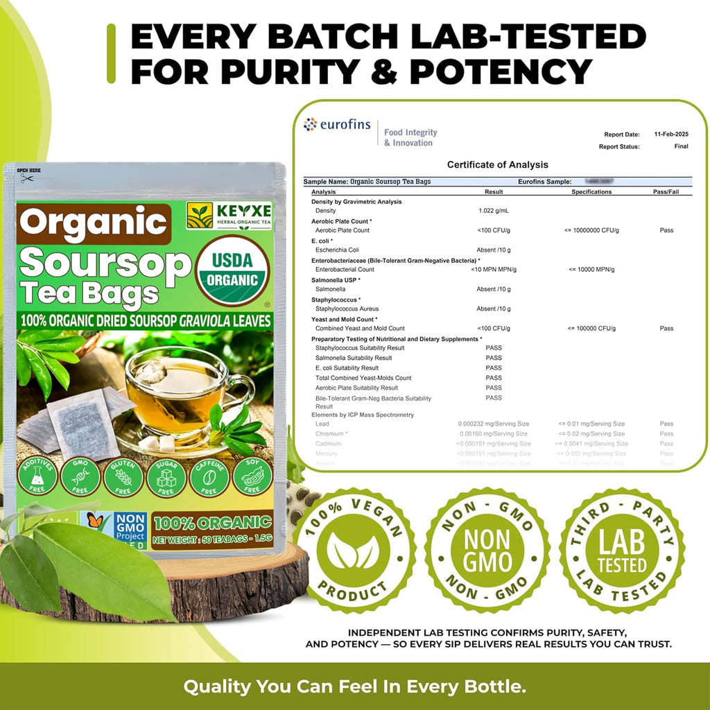 KEYXE - USDA Organic Soursop Graviola Leaves Tea 110 Bags. Non-GMO Verified, 100% Organic Soursop Leaves for Gluten Free, Caffein Free, Hojas De Guanabana Tea Organica, Eco-Conscious Tea Bags