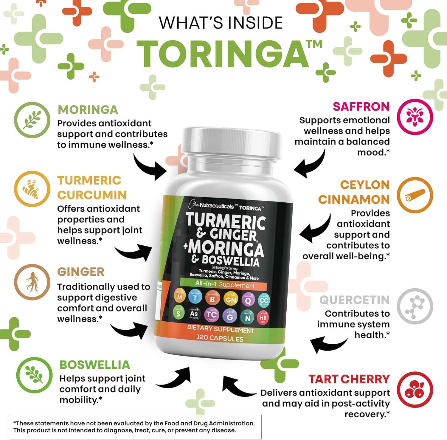 Turmeric Moringa Supplement | Ginger Boswellia Saffron - Supplement for Women and Men with Ceylon Cinnamon, Tart Cherry, Quercetin Garlic Nettle Holy Basil - 5Pack