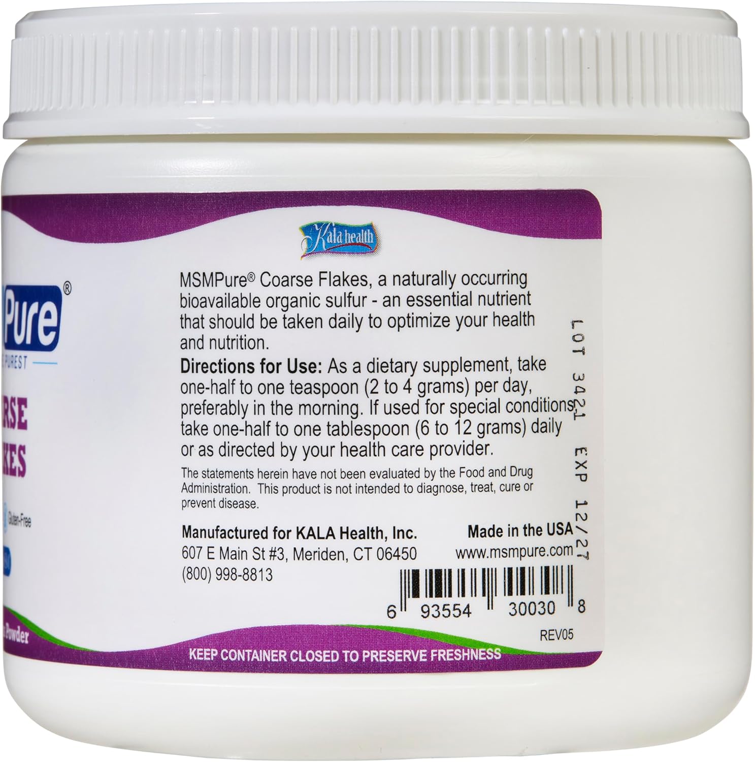 KALA HEALTH MSMPure Coarse MSM Powder Flakes – US-Made MSM for Joint Health, Skin Appearance, and Hair & Nail Support – 8.8 oz, Organic Sulfur