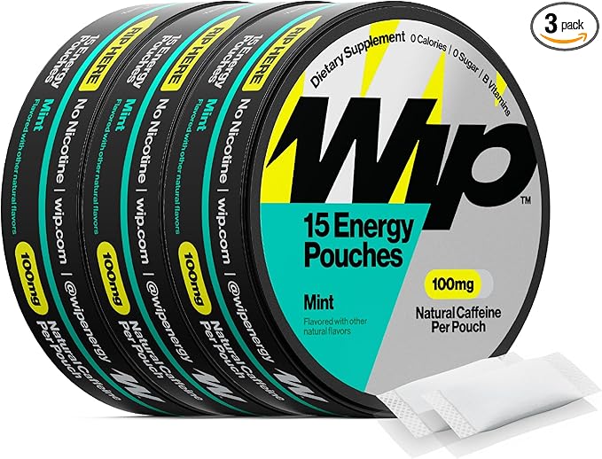Wip Energy Pouches | 100mg Natural Caffeine | Vitamins and Minerals | Mint | 15 Pouches Per Can | 3 Cans