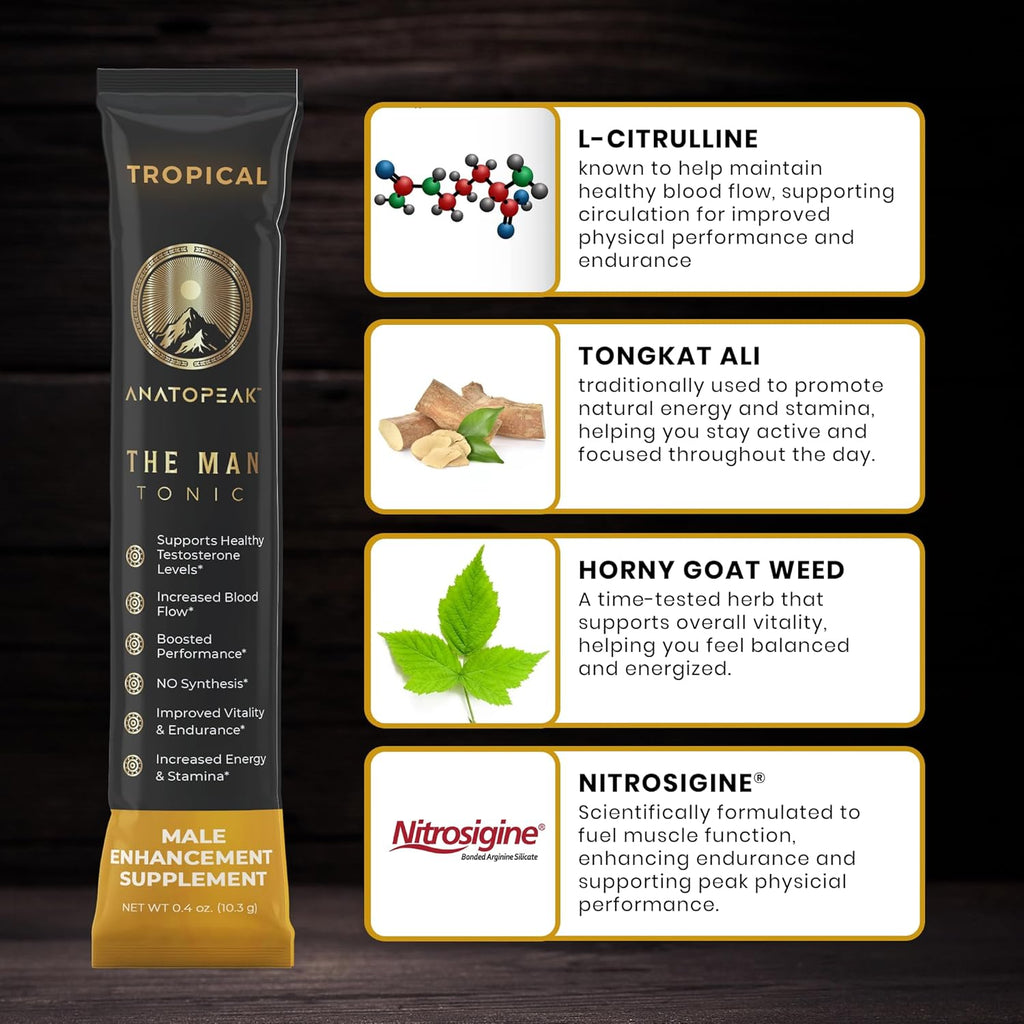 Male Enhancing Supplement Powder – Testosterone Supplement for Men with Tongkat Ali, Maca Root, Horny Goat Weed Powder, Beet Root & L-Citrulline – Nitric Oxide Enhancer (12 Stick Packs) - Tropical