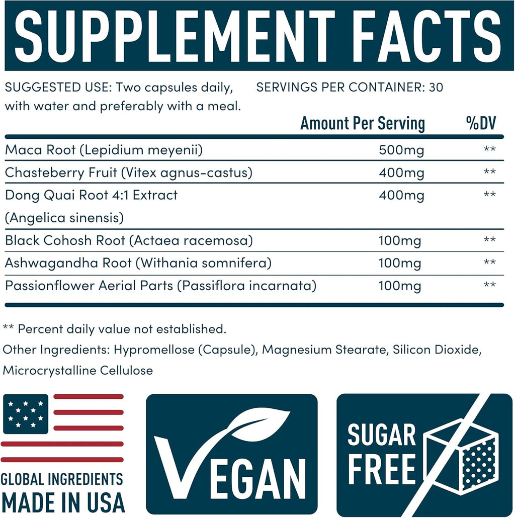 PMS Support Supplement for Women with Chasteberry, Maca Root, Ashwagandha - Period Relief, Bloating Relief for Women, Mood Support, Hormone Balance Herbal Supplements - 30 Day, 60 Vegan Capsules