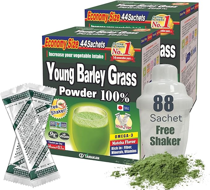 Yamamoto Kanpoh YAMAKAN Young Barley Grass Powder, Pure Green Juice Rich in Minerals, Vitamins & Plant-Based Protein for Women & Men, Barley Grass Juice Powder, from Japan, Non GMO 88 Sachets