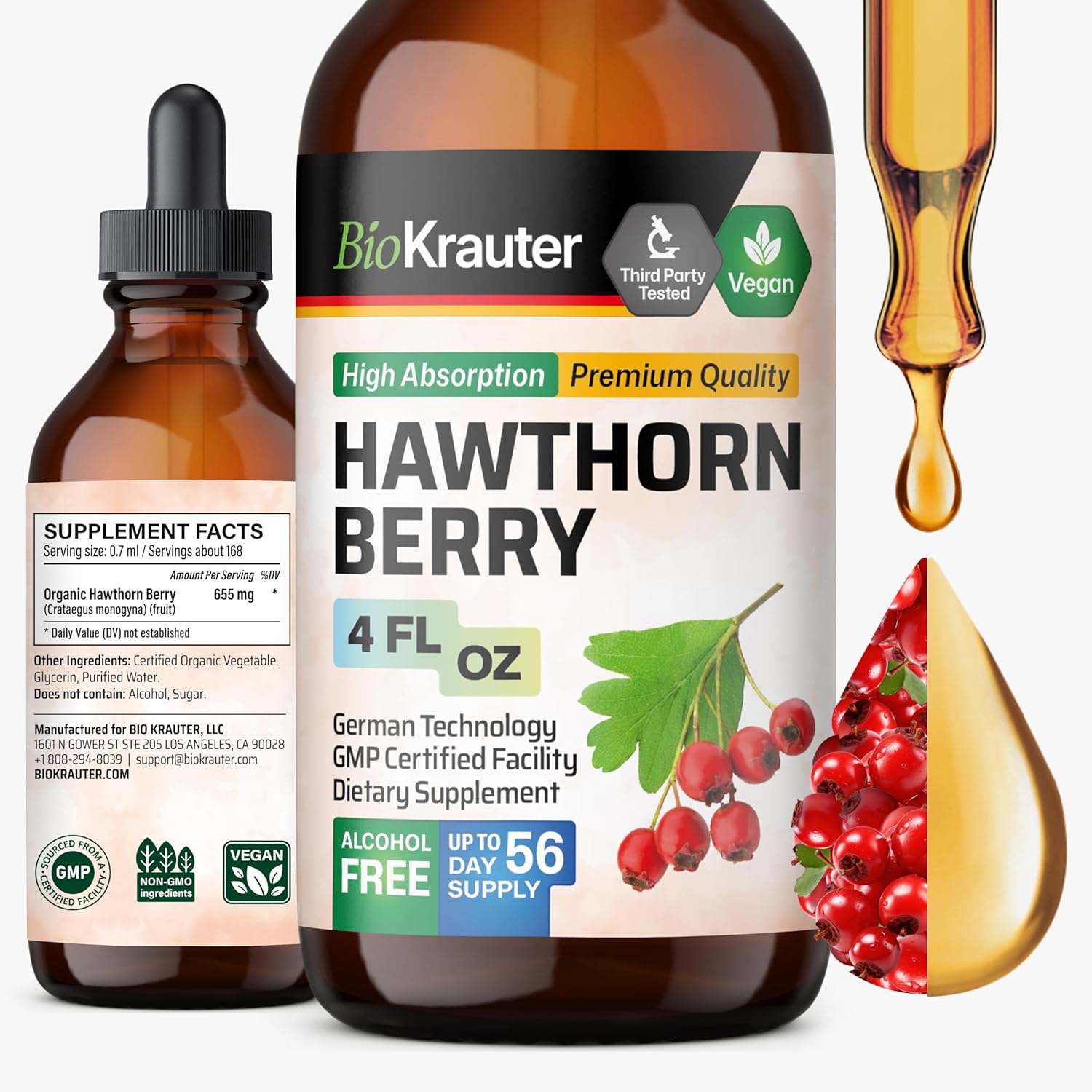 BIO KRAUTER® Hawthorne Berry Supplement - Pure Vegan Hawthorn Berry Liquid Drops 655 mg per Serving 4 Fl.Oz 56 Days of Supply - Used for Overall Support & Daily Wellness - Alcohol & Sugar Free