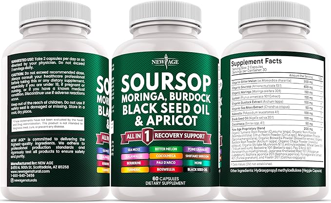Soursop Supplement - Moringa, Sea Moss, Black Seed Oil, Berberine, Turmeric, Apricot, Quercetin, Greens, Bitters, Boswellia, Bitter Melon, Burdock Root - 120 Capsules