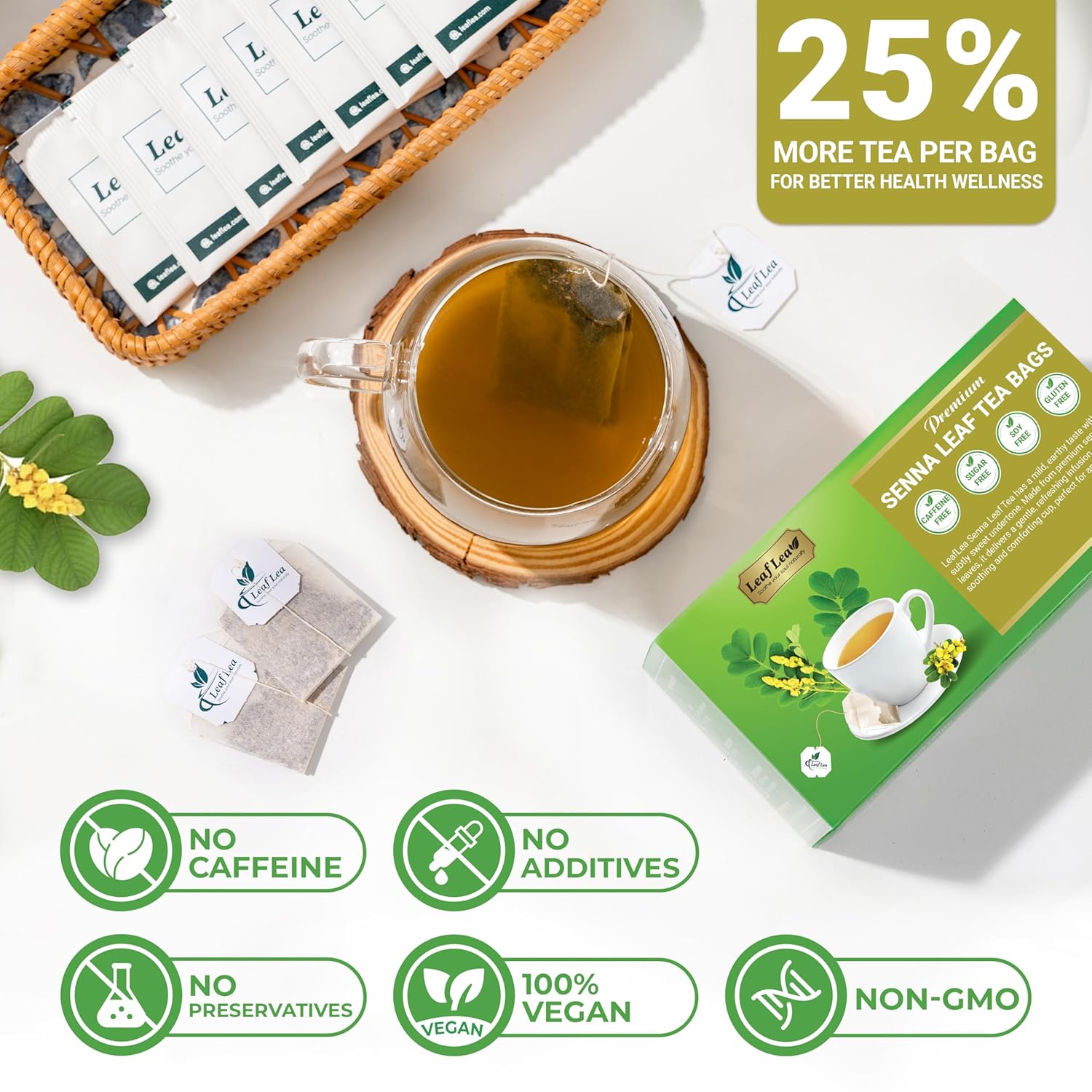 LeafLea 80 Senna Leaf Tea Bags – Natural Herbal Laxative Tea, Supports Gentle Constipation Relief & Healthy Digestion, Caffeine-Free, Sugar-Free, No Gluten, Non-GMO, Vegan, Individually Wrapped