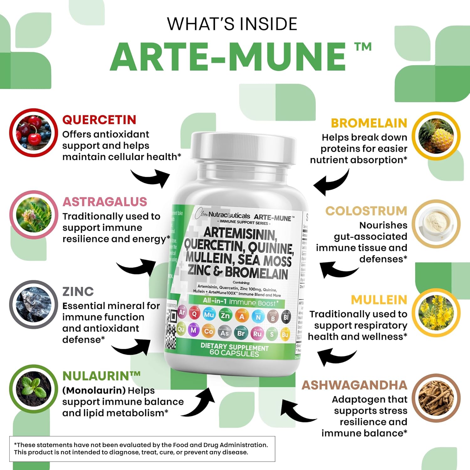 Clean Nutraceuticals Artemisinin Quercetin Zinc Mullein Quinine Supplement with Sea Moss Bromelain Ashwagandha Root Nettle Leaf Bladderwrack Burdock Root Monolaurin Colostrum Rutin