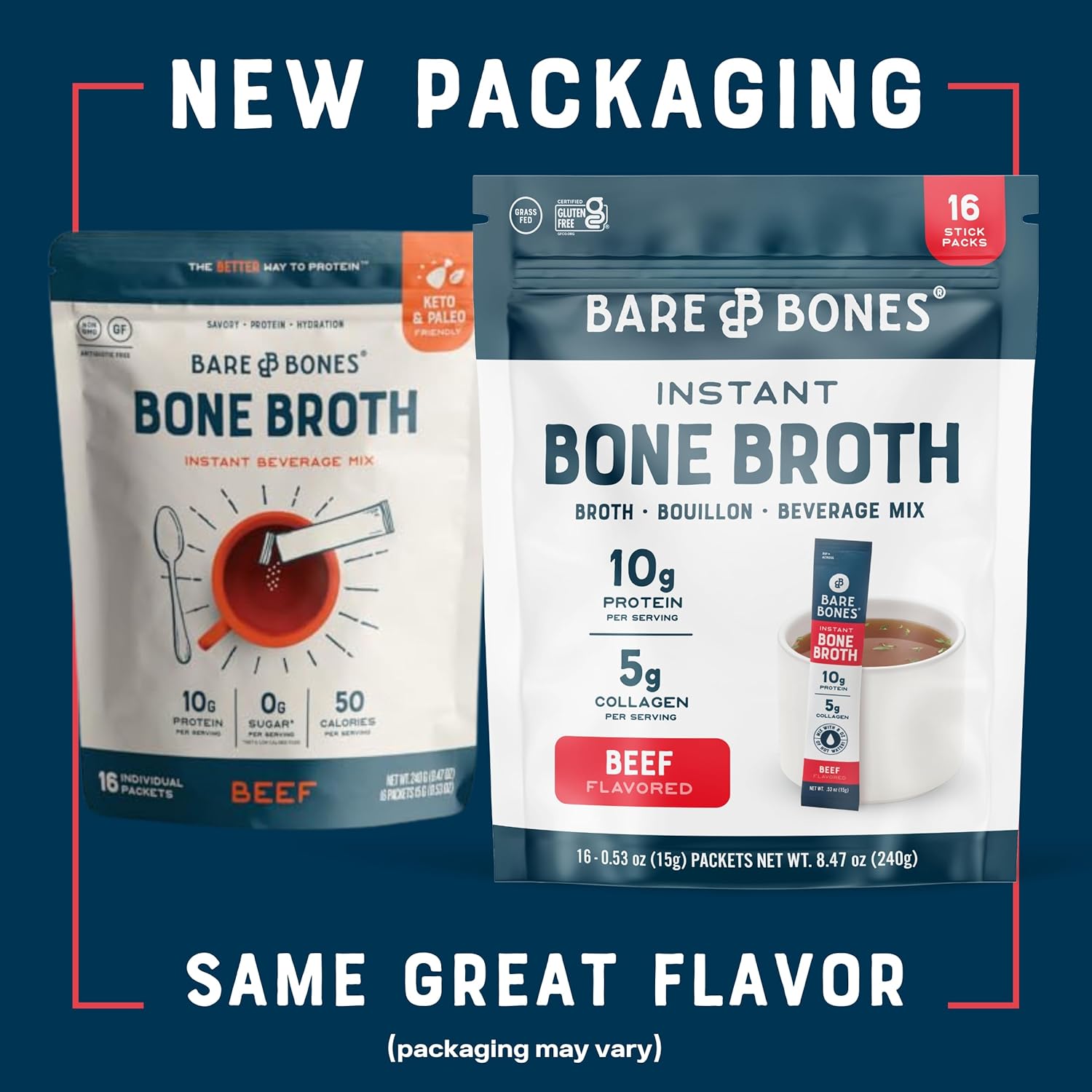 Bare Bones Beef Bone Broth Instant Powdered Mix | Rich Savory Packets on-the-Go No Artificial Flavors | 100% Grass Fed Keto & Paleo Friendly | Sticks 10g Protein | 32 Pack
