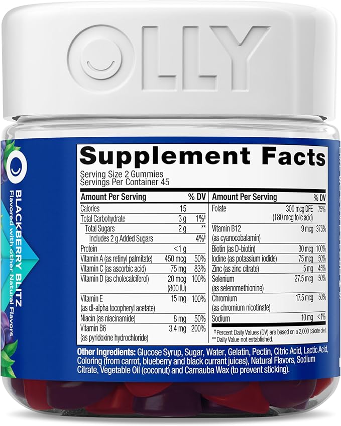 OLLY Men's Multivitamin Gummy, Vitamins A, C, D, E, B, Zinc, Blackberry Flavor, 45 Day Supply - 90 Count