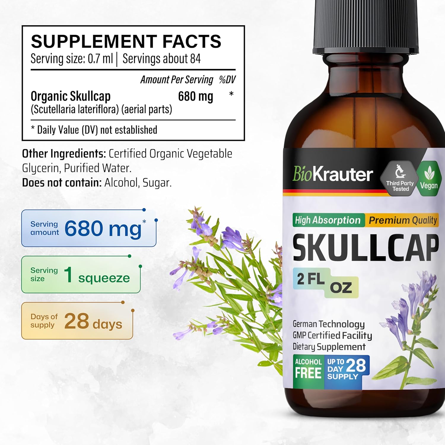 BIO KRAUTER Skullcap Herb Tincture - Scutellaria Lateriflora Liquid Extract - Alcohol and Sugar Free - Vegan Drops 2 Fl.Oz.