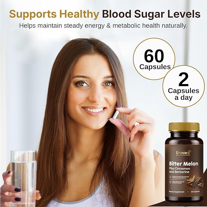 Bitter Melon Capsules with Berberine & Cinnamon, Sugar Balance, Metabolic Health & Steady Energy, with Extra Strength Bitter Melon Extract, Clean Formula, 60 Capsules