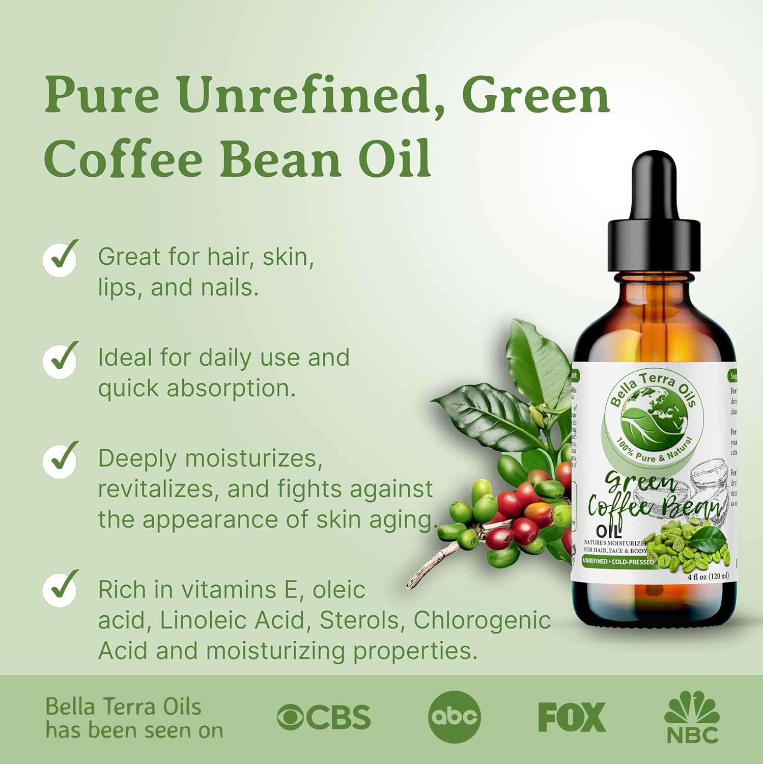 Bella Terra Oils - Green Coffee Bean Oil 16oz - Harness the Purity of Coffee Serum Ingredients, Enriched with Potent Acids for Lush & Healthy Skin