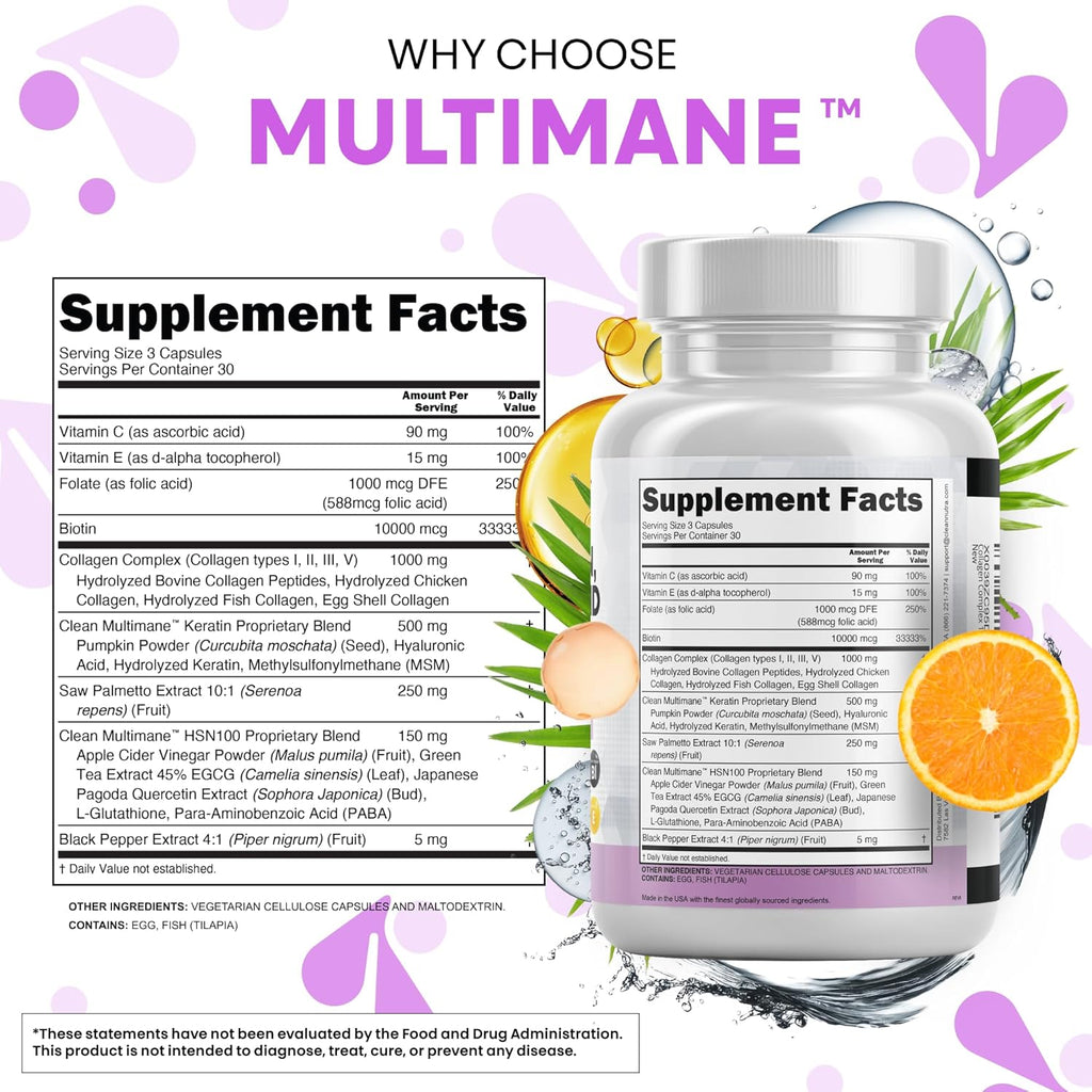 Clean Nutraceuticals Collagen Pills 1000mg Biotin 10000mcg Keratin Saw Palmetto Hyaluronic Acid - Hair Skin & Nails Vitamins & DHT Blocker (90 Count (Pack of 2))