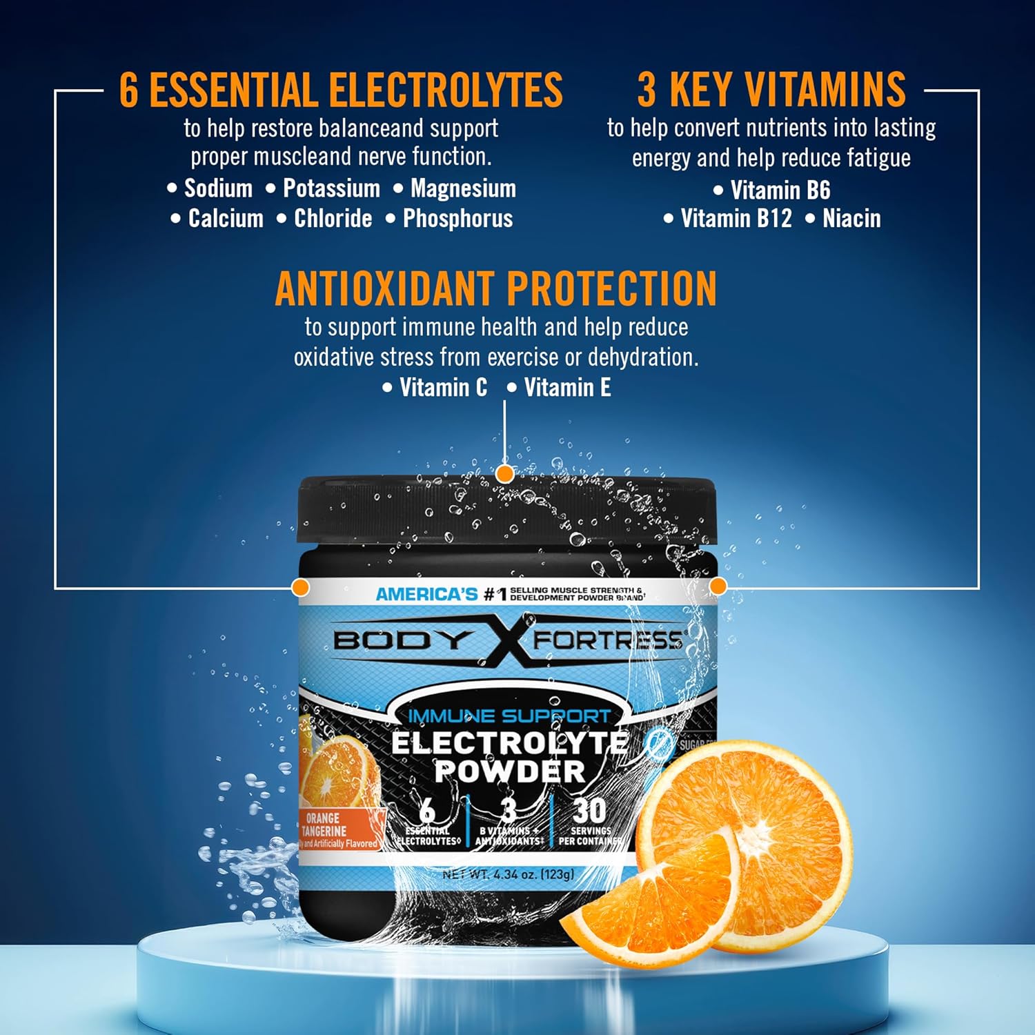 Body Fortress Electrolyte Powder Orange Tangerine - Rapid Hydration Drink Mix with 6 Essential Electrolytes & 3 B Vitamins - Sugar Free, Keto Friendly, No Color Added, Clear Hydration - 30 Servings