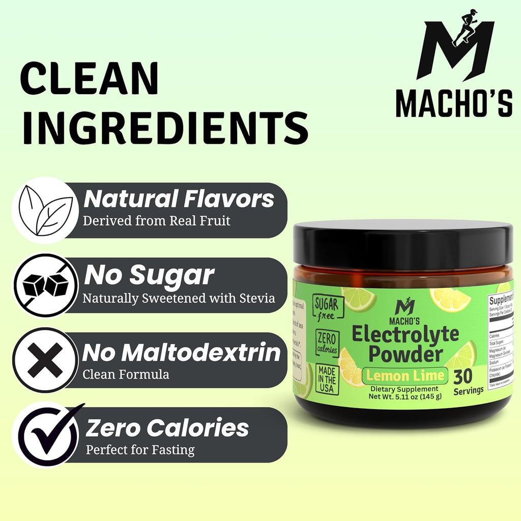 Macho's Lemon Lime Electrolyte Powder - Sugar Free, Zero Calorie, No Maltodextrin, Naturally Sweetened, Made in The USA - Hydration Mix Made with Essential Electrolytes and Minerals | 30 Servings